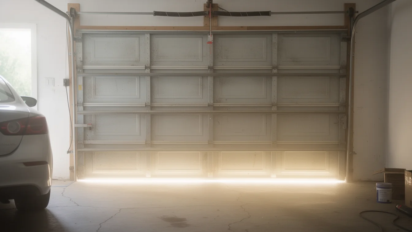 The white garage door is slightly open with bright light shining underneath.