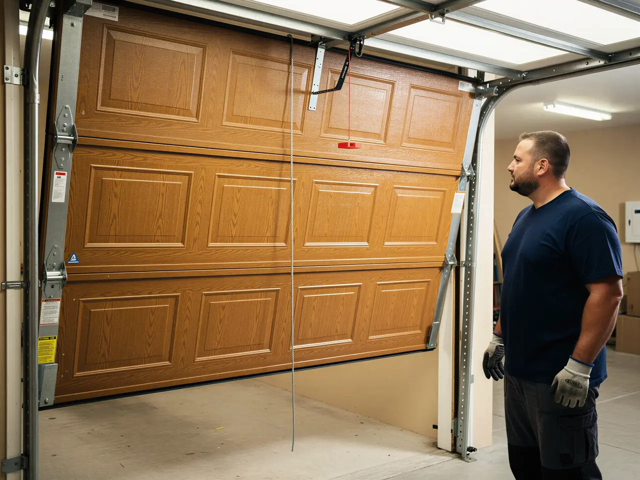 A technician stands next to a brown garage door that is off its tracks.