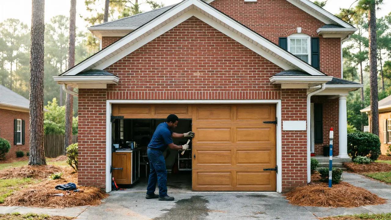 A technician in a blue shirt and gloves works on a light brown garage door.