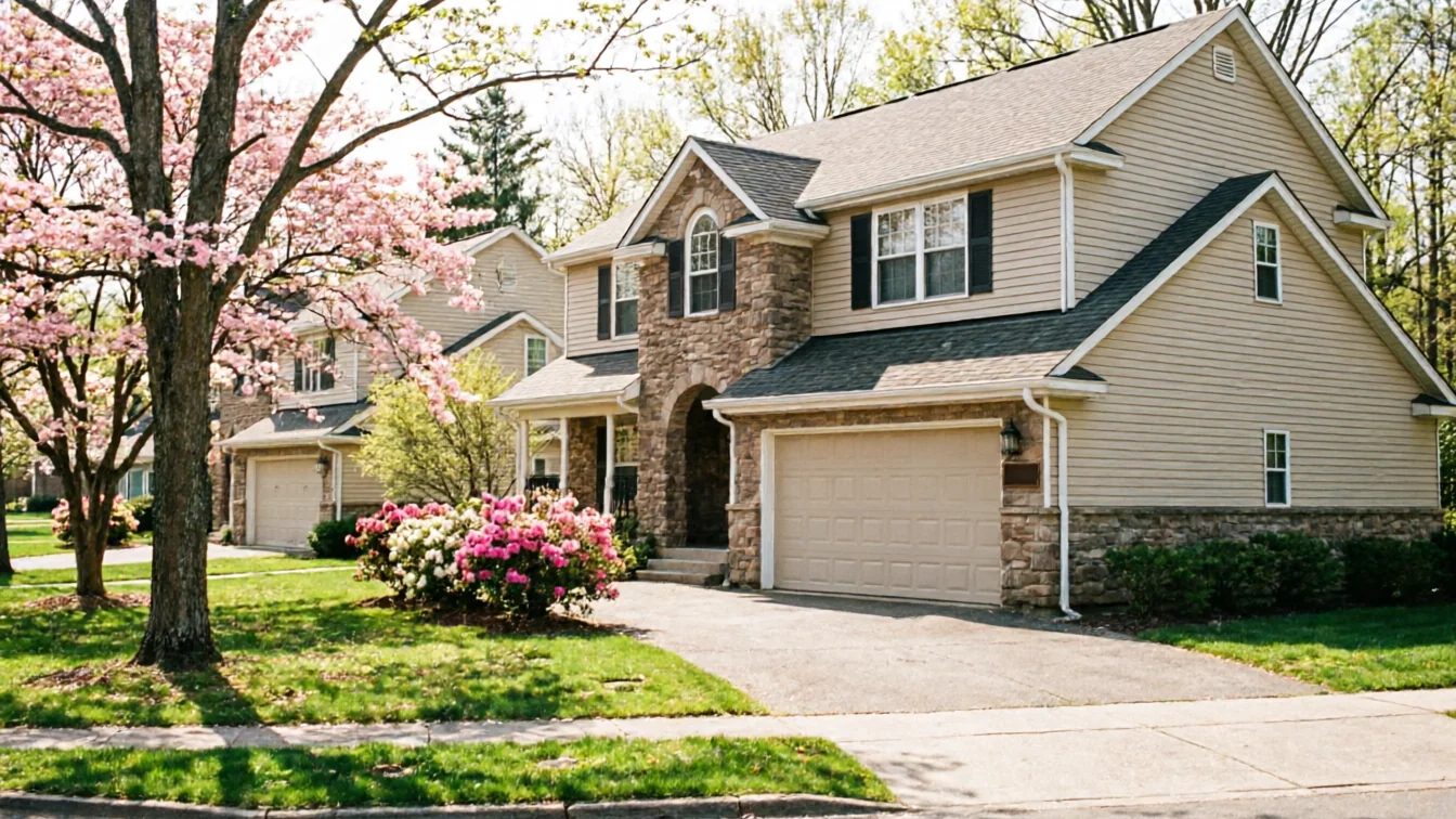 A two-story house with a tan garage door and stone accents.
