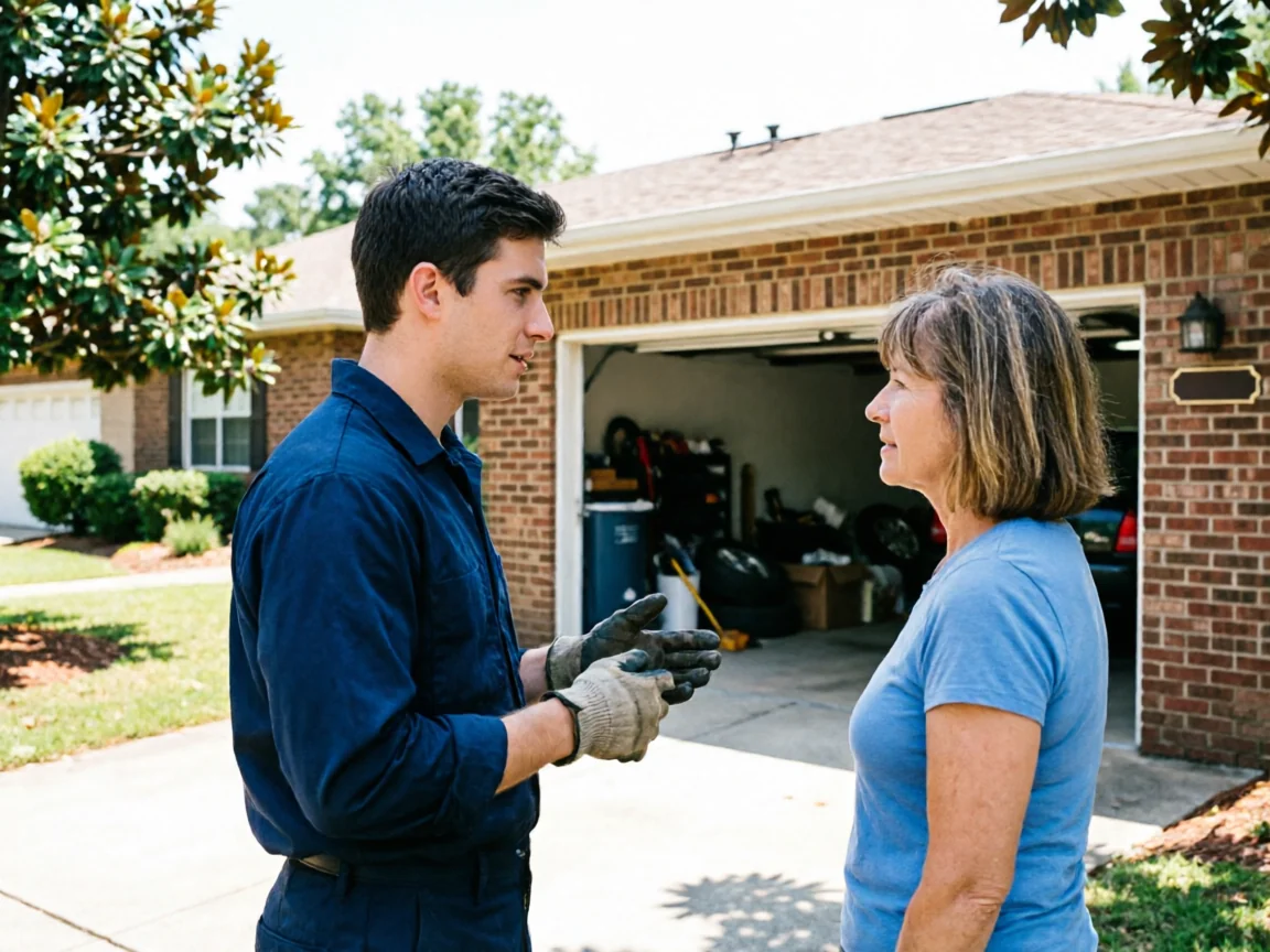 A technician in work gloves talks to a woman in front of an open garage.