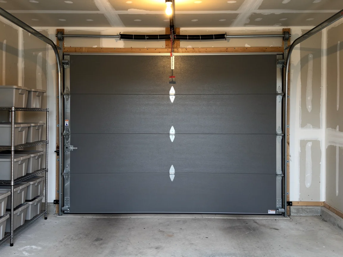 A closed gray garage door is inside a garage with unfinished walls.