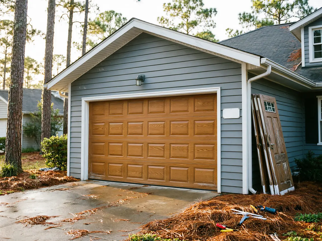 A brown garage door on a gray house with tools on pine straw.