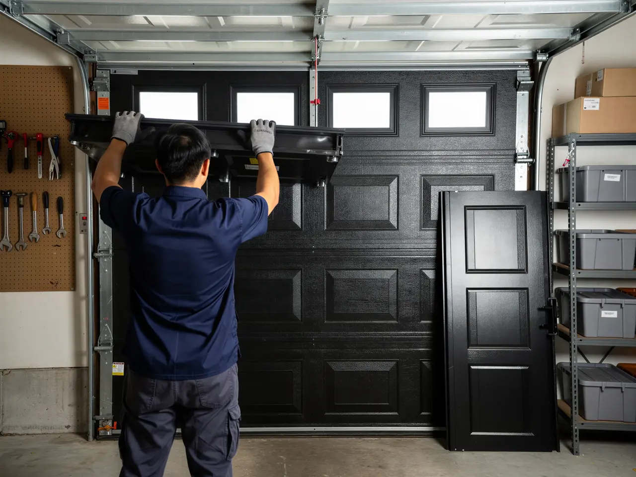 A technician installs a black garage door panel with windows.